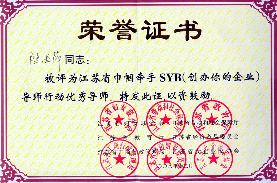江苏省巾帼牵手SYB导师行动优秀导师
